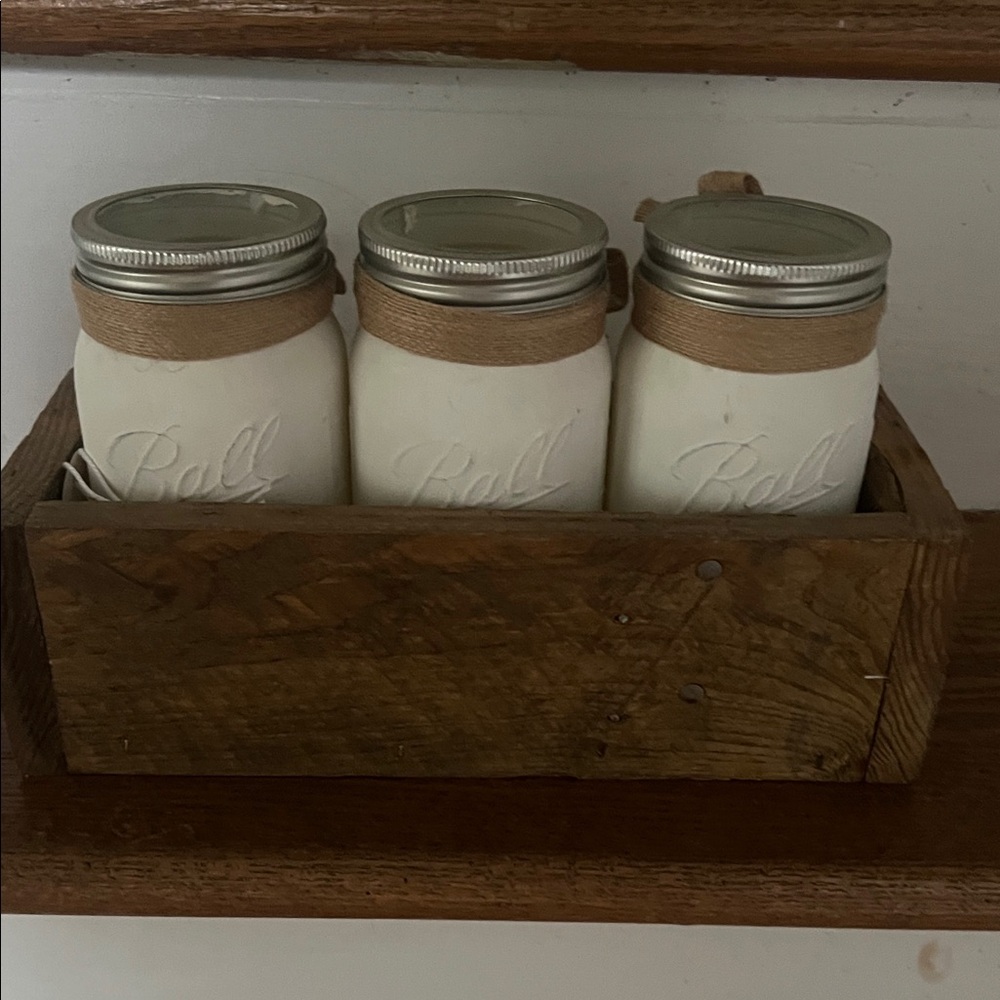 Wooden Crate with White Jars and Burlap Bows - Picture 2 of 5